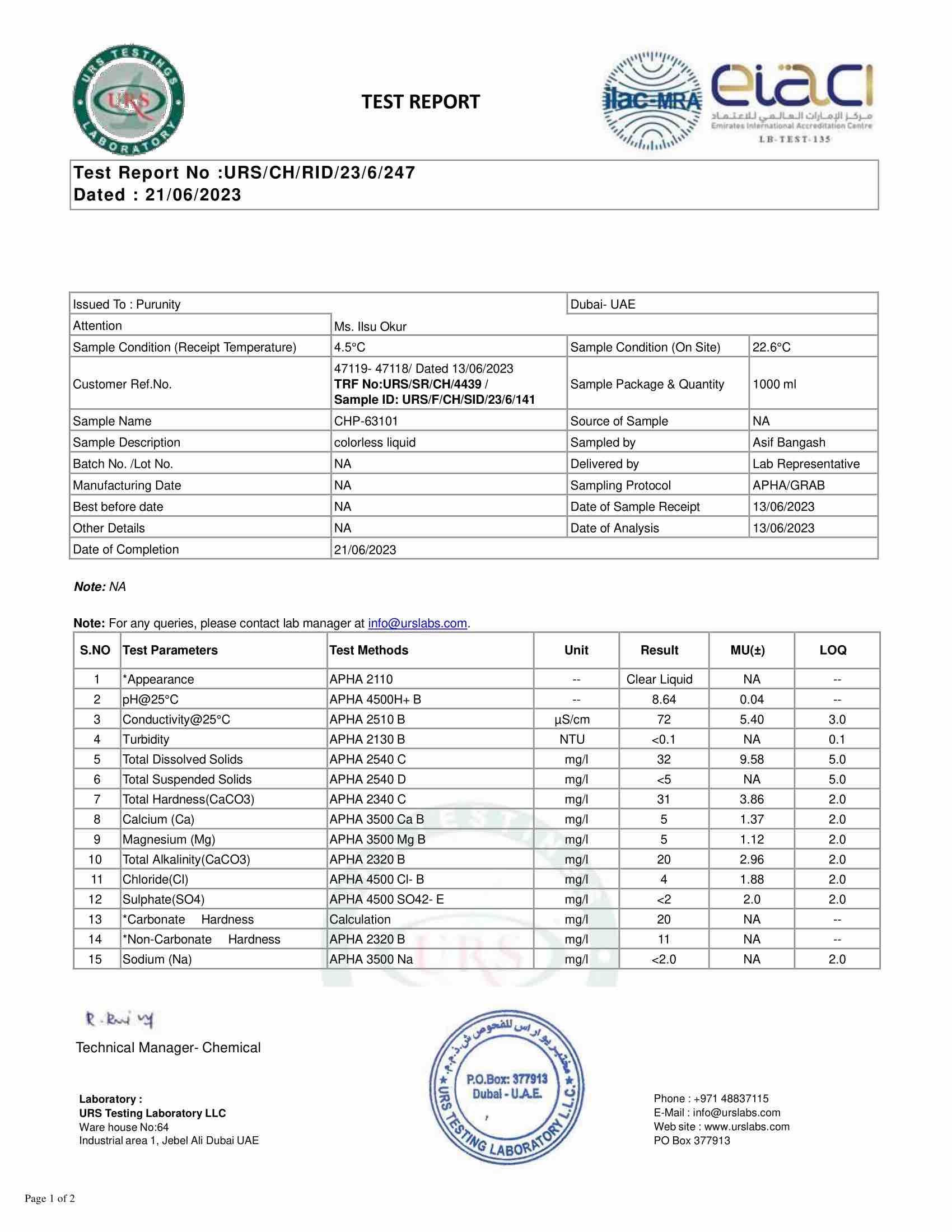 Drinking water aqualis plus test report