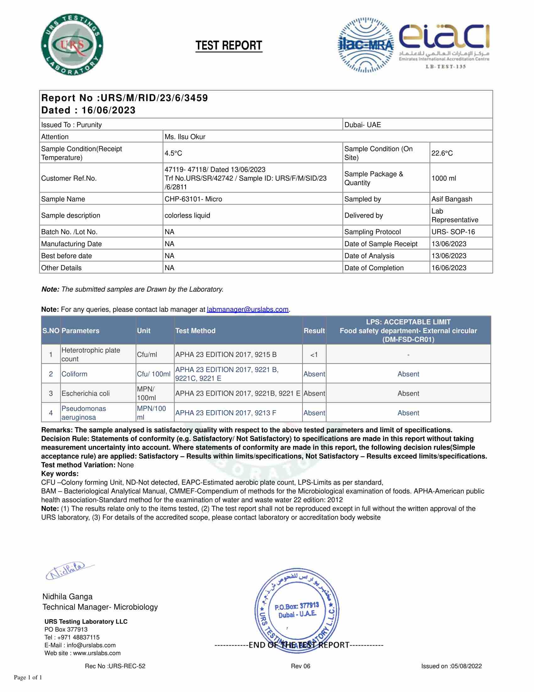 Drinking water aqualis plus test report